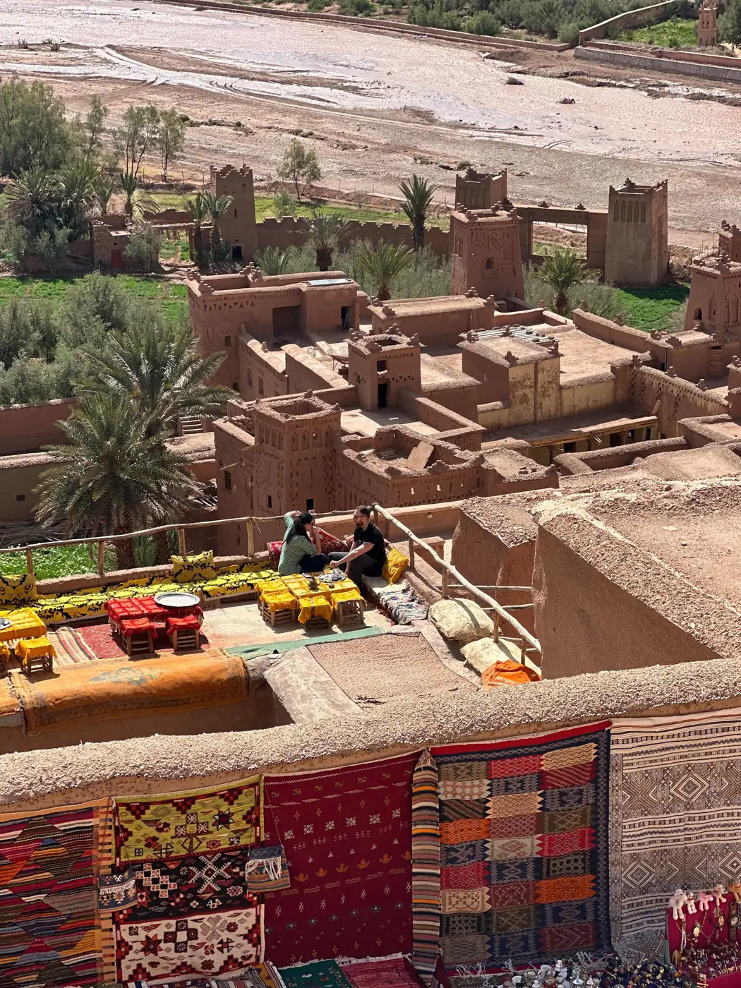 Mint tea on a terrace overlooking the Ounila River at Ait Ben Haddou