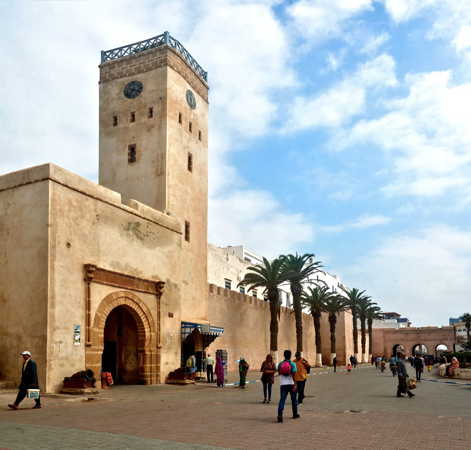 Clock tower and gateway beside Essaouira’s medina walls