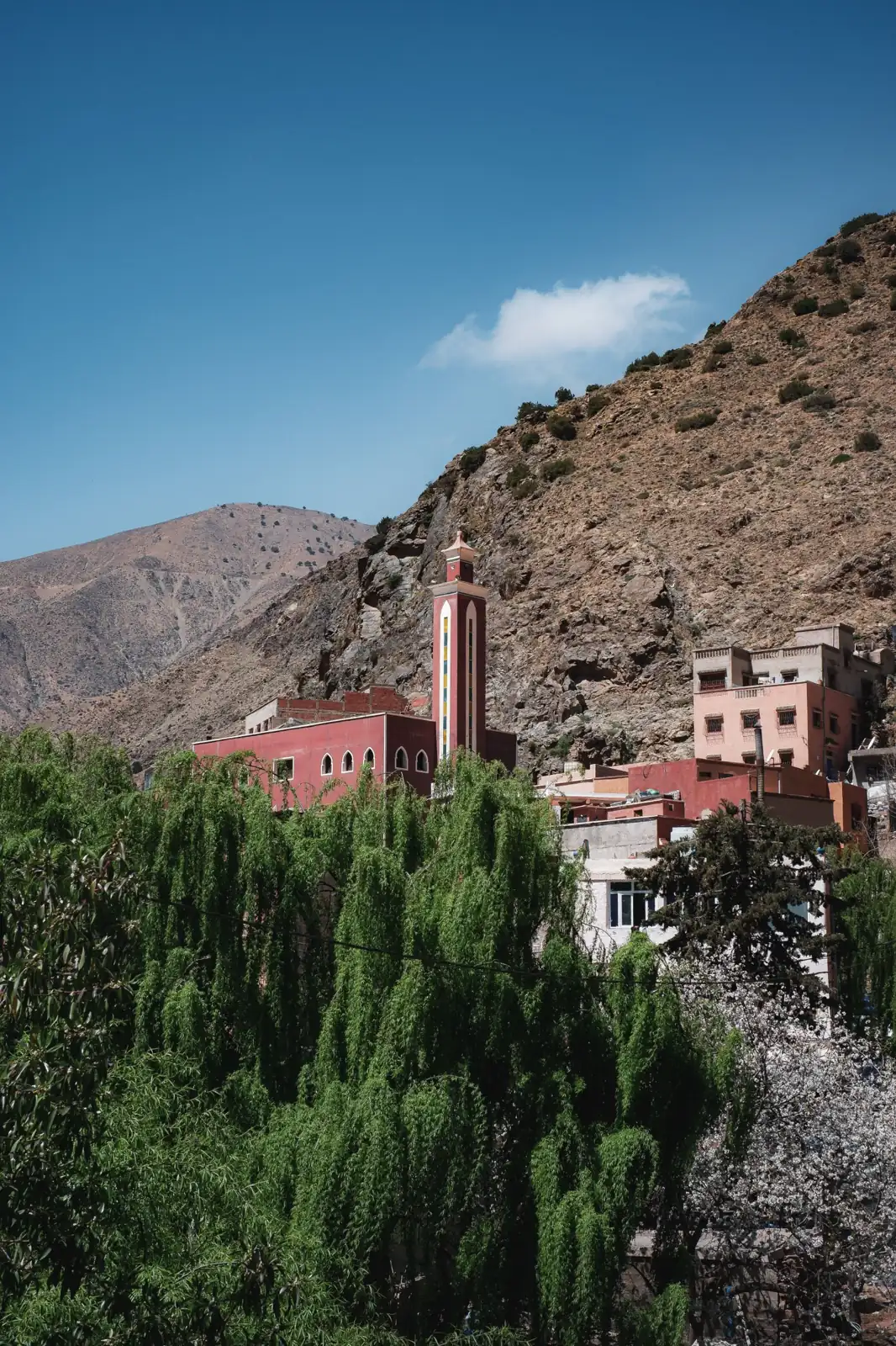 Mosque minaret and village buildings in a High Atlas valley at Imlil