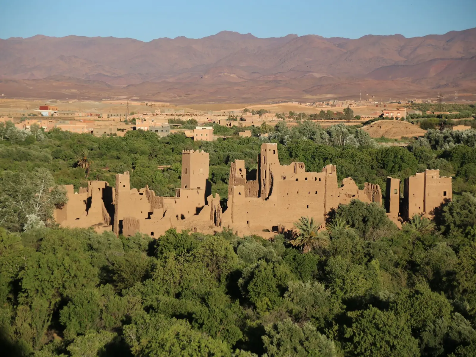 Paisaje de una kasbah de tierra y un oasis de palmeras cerca de Skoura